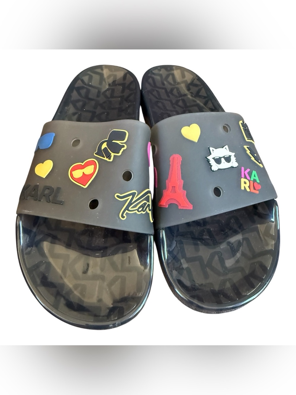 Karl Lagerfeld Paris Thea Black/Smoke Translucent Pool Slides - Women's Size 9.5